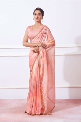 Printed,lace Organza Saree in Peach  with Blouse SR26274