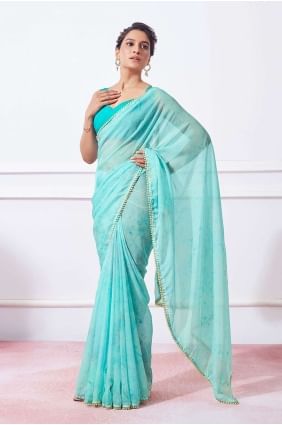 Organza Saree in Sea green  with Printed,lace SR26275