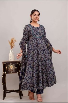 Printed Rayon Anarkali Suit in Blue with Dupatta AS3800