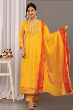 Rayon Printed Yellow Salwar Kameez with Dupatta SK153932