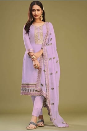 Lavender Embroidered Straight Pant Suit in Georgette SK153947