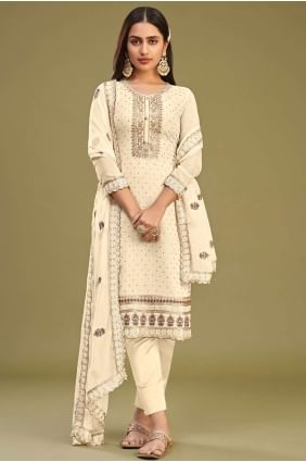 Embroidered Straight Pant Suit in Off white  Georgette SK153948