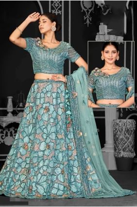 Embroidered Net Lehenga Choli in Aqua blue LC7640