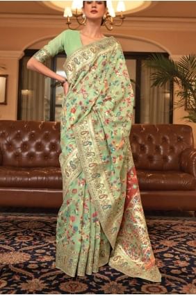 Pista  Saree with Printed Handloom silk SR26352