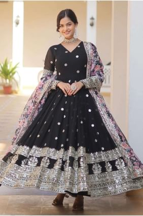 Black Gown Dress with Sequins Faux georgette GW0751