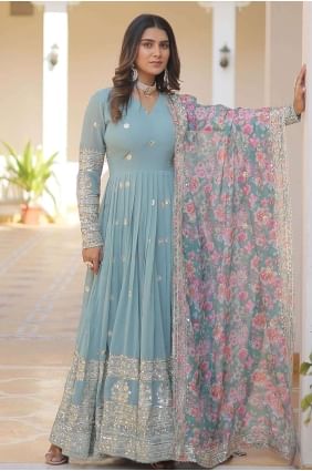 Sequins Faux georgette Sky blue  Gown Dress with Dupatta GW0753