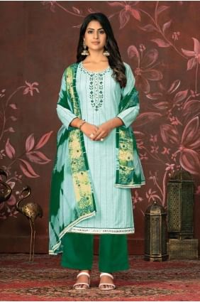 Cotton Palazzo Suit in Sea green  with Hand PZ3915