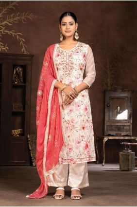 Plain Patiala Suit with Hand in Cream SK153950