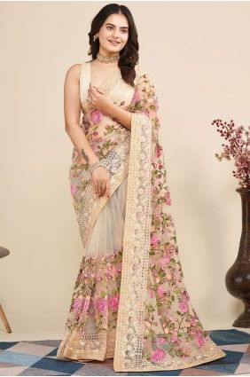 Soft net Saree  Peach with Embroidered SR26398