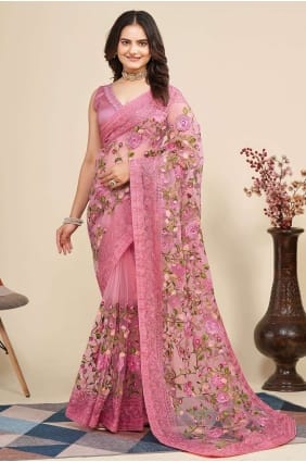 Soft net Embroidered Pink Saree SR26399