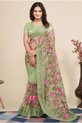 Embroidered Soft net Saree Pista  with Blouse SR26403