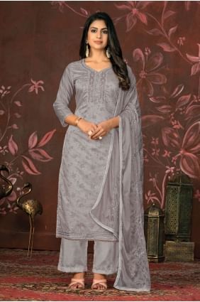 Grey Straight Pant Suit with Hand Chennai silk SK153990