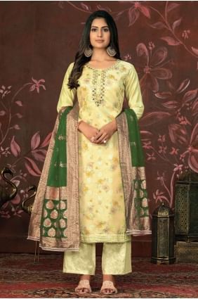 Chennai silk Straight Pant Suit in Yellow with Dupatta SK154000