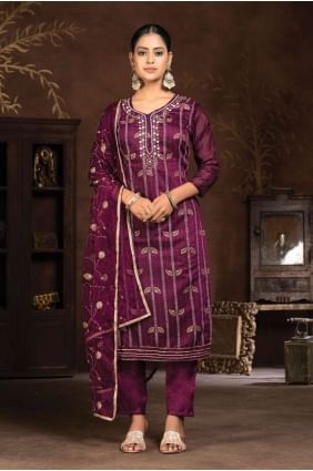 Purple Straight Pant Suit with Hand Plain SK154001