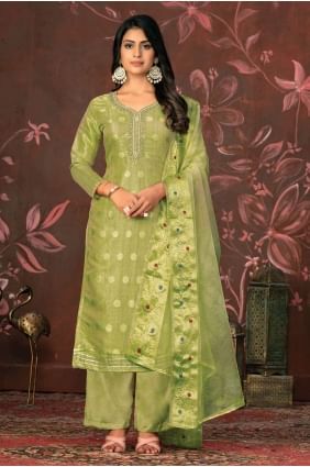 Plain Straight Pant Suit with Hand work  in Pista SK154006