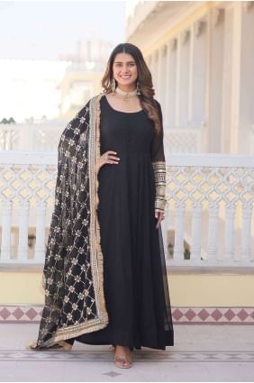 Embroidered Faux georgette Black Gown Dress with Dupatta GW0759