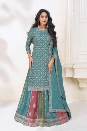 Sky blue  Embroidered Sharara Suit in Chiffon SS1106
