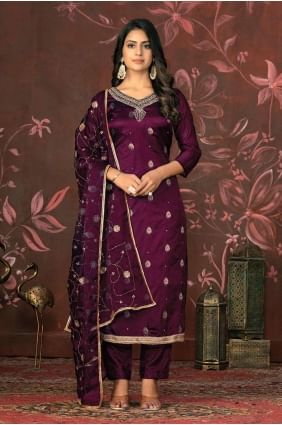 Straight Pant Suit in Maroon Organza SK154013