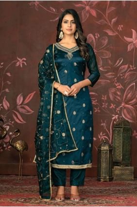Organza Straight Pant Suit in Blue with Dupatta SK154016