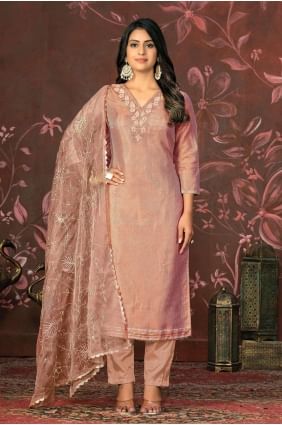 Cotton Straight Pant Suit with Hand work in Peach SK154031