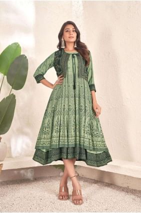 Green Kurti with Printed Cotton KTI2319