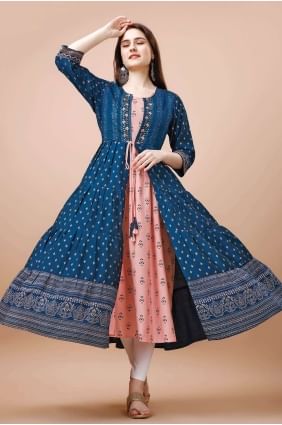 Nevy blue Printed Kurti in Cotton KTI2324