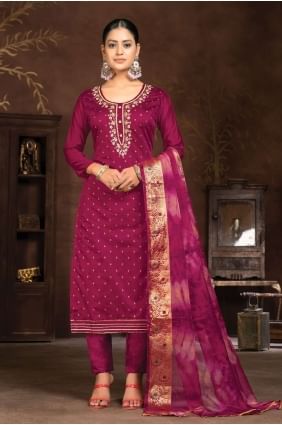 Chanderi silk Straight Pant Suit with Hand wokr in Burgundy SK154040