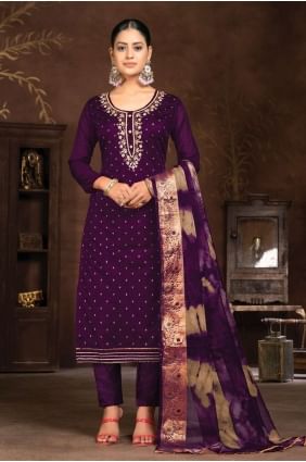 Hand work Chanderi silk Purple Straight Pant Suit with Dupatta SK154042