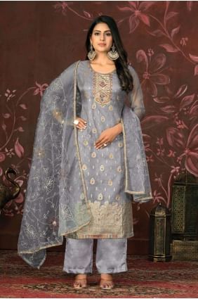 Hand work  Chanderi silk Straight Pant Suit in Grey with Dupatta SK154045