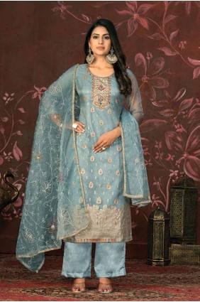 Organza Straight Pant Suit in Blue with Hand work SK154046