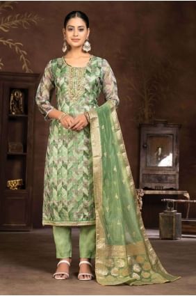 Green Straight Pant Suit in Cotton with Hand work SK154052
