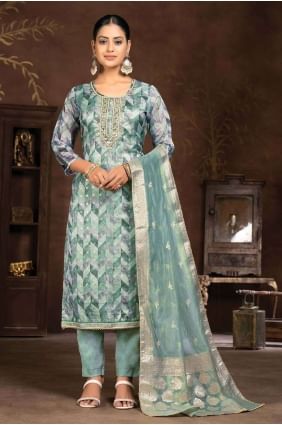 Cotton Hand work Blue Straight Pant Suit with Dupatta SK154053
