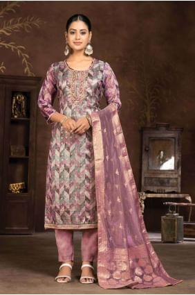 Pink Straight Pant Suit in Hand work  Cotton SK154054