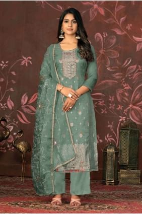 Green Straight Pant Suit with Hand work Cotton SK154058