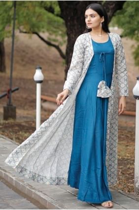 Rayon Gown Dress in Blue with Embroidered GW0768