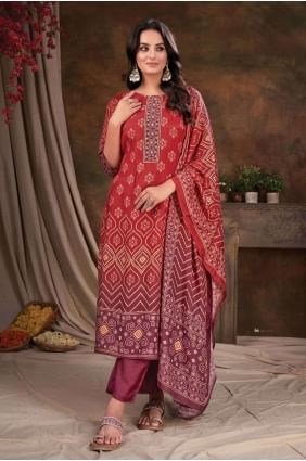 Salwar Kameez in Red Muslin with Digital print SK154067