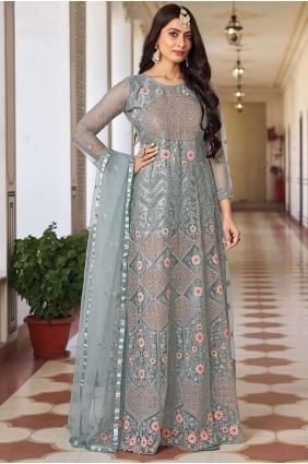 Embroidered Net Anarkali Suit in Green with Dupatta AS3821