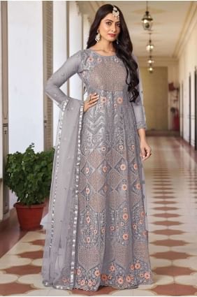 Grey Embroidered Anarkali Suit in Net AS3824
