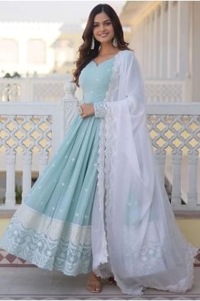Sky blue  Digital print Faux georgette Gown Dress GW0773