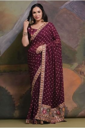 Wine  Sequins,printed,Georgette Saree SR26488