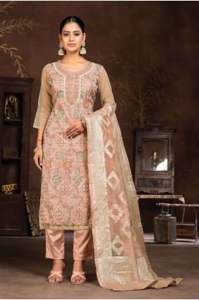 Straight Pant Suit in Peach Organza with Embroidered SK154081