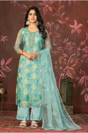 Organza Blue Straight Pant Suit in Embroidered SK154091