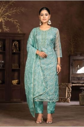 Blue Straight Pant Suit in Organza with Embroidered SK154092