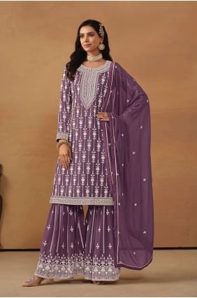 Purple Sharara Suit in Faux georgette with Embroidered SS1113