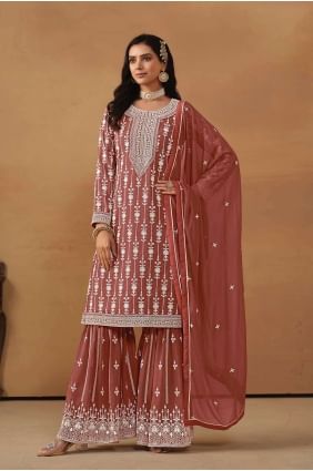 Brown Faux georgette Embroidered Sharara Suit with Dupatta SS1115