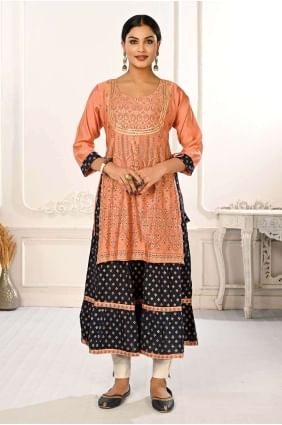 Cotton Kurti with Printed in Peach KTI2342
