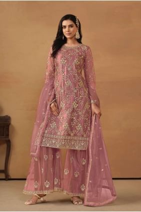 Net Straight Pant Suit with Embroidered in Pink PZ3935