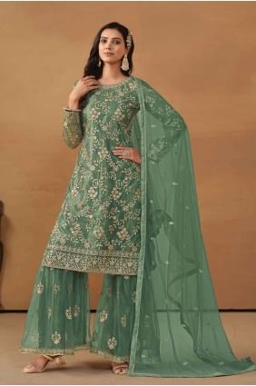 Embroidered Net Straight Pant Suit in Green PZ3936