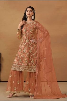 Embroidered Net Straight Pant Suit in Mustard PZ3938