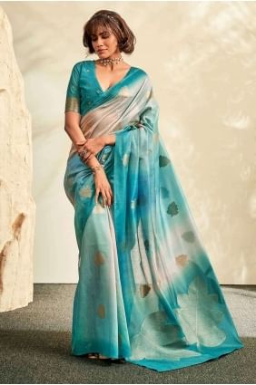 Printed Saree in Sky blue  Handloom silk SR26898